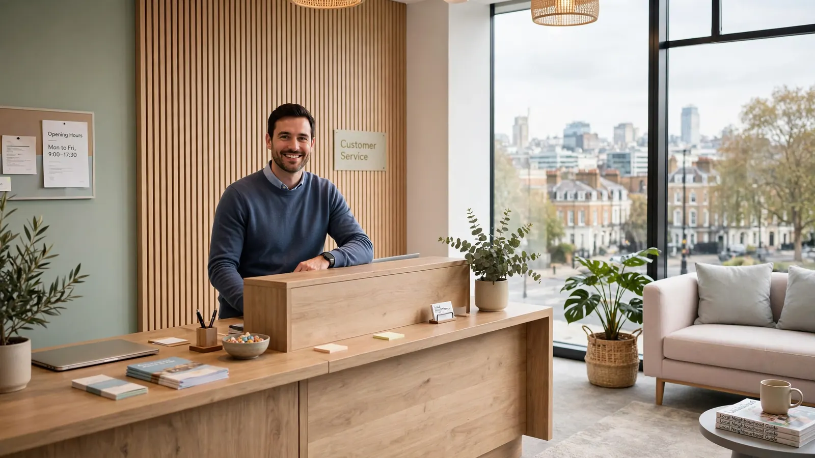 Friendly British office reception with staff and London skyline view