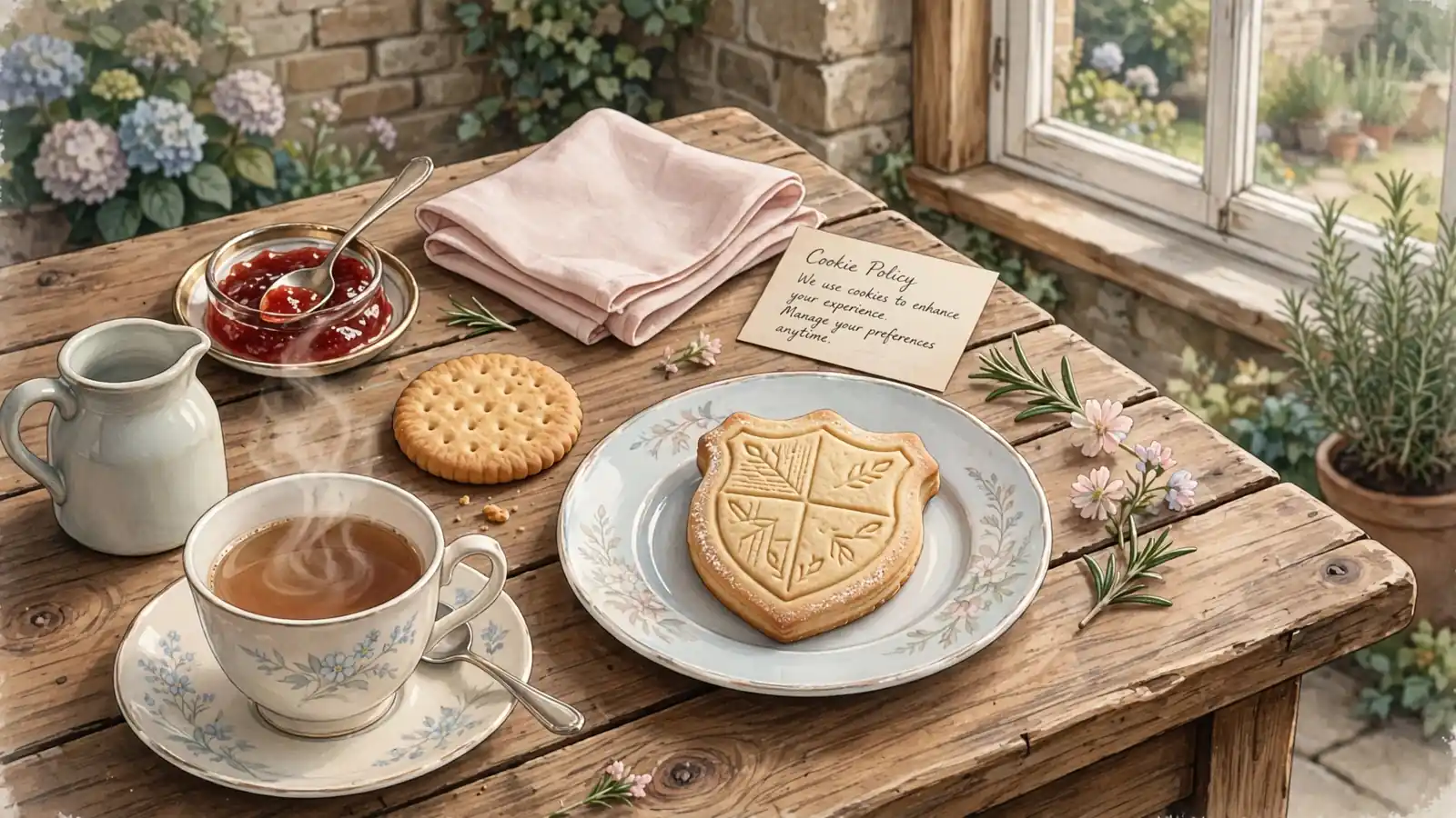 Illustration of tea set with a shield‑shaped cookie on table.