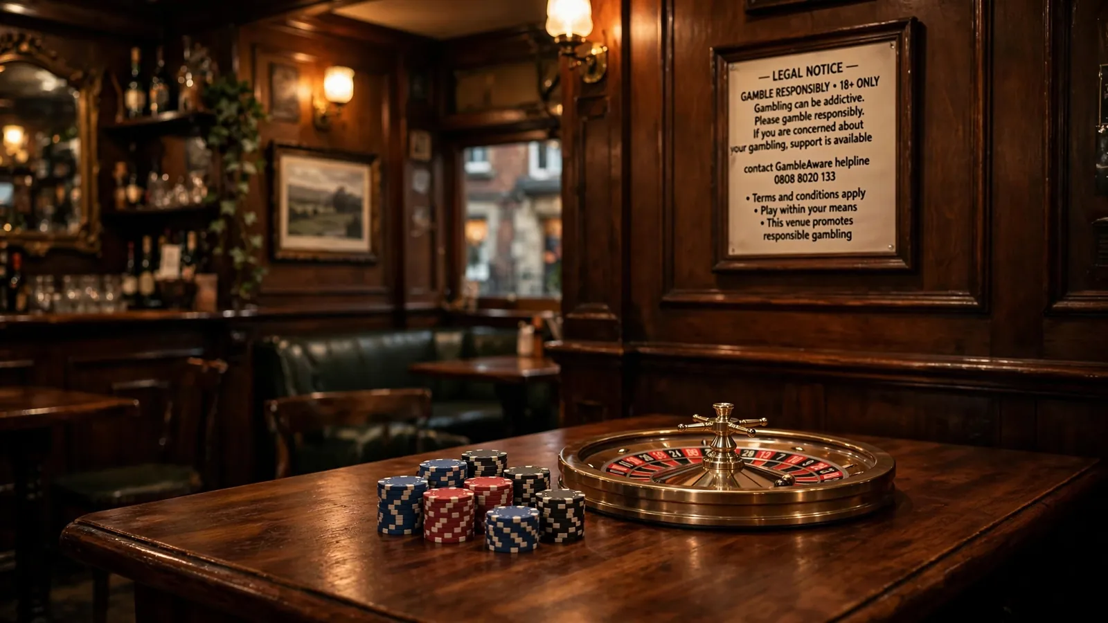 British pub interior with gambling paraphernalia and legal disclaimer elements.