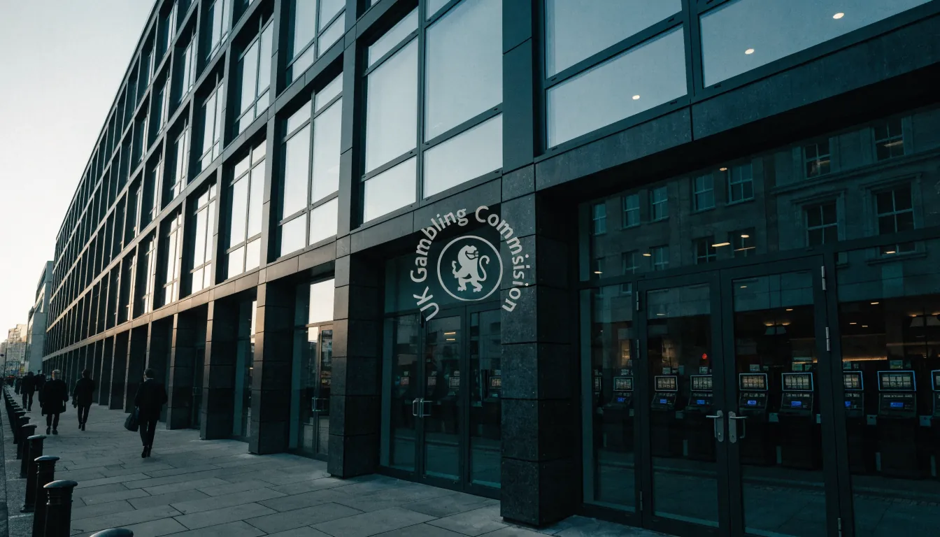London office building with UKGC licence badge overlay