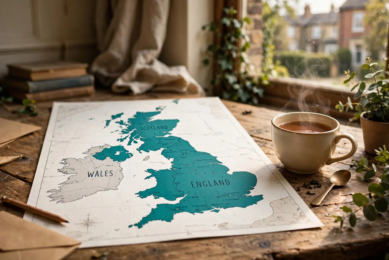 Map of Great Britain highlighted on a desk