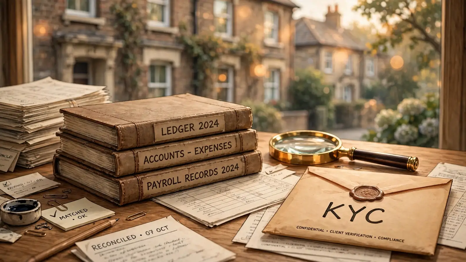 Desk with ledgers, magnifying glass, and KYC envelope