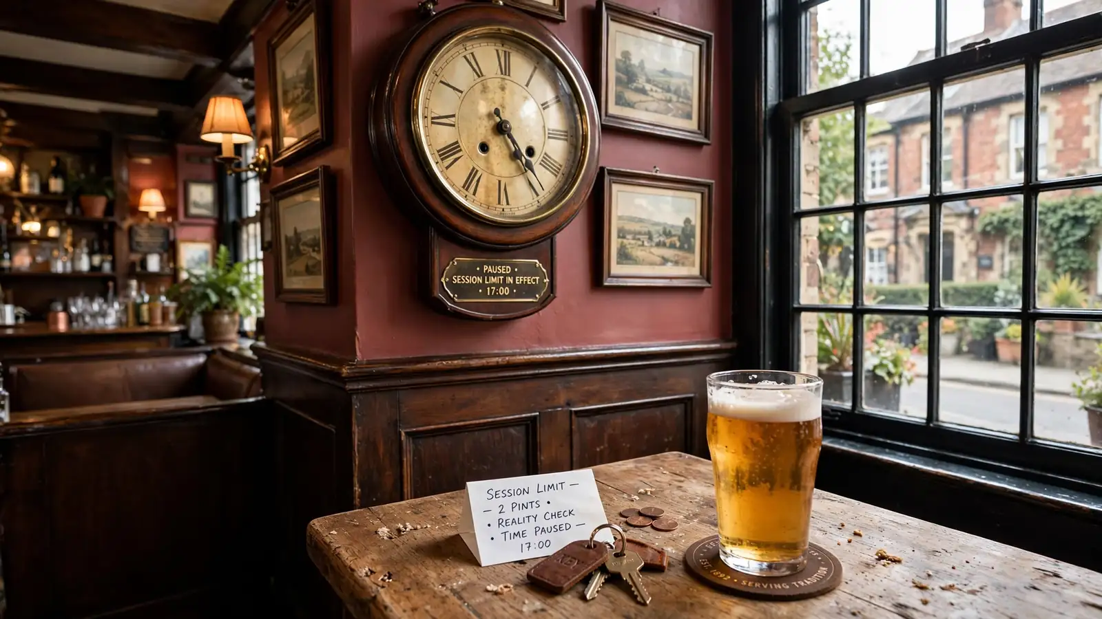 Paused pub clock with ale glass on table