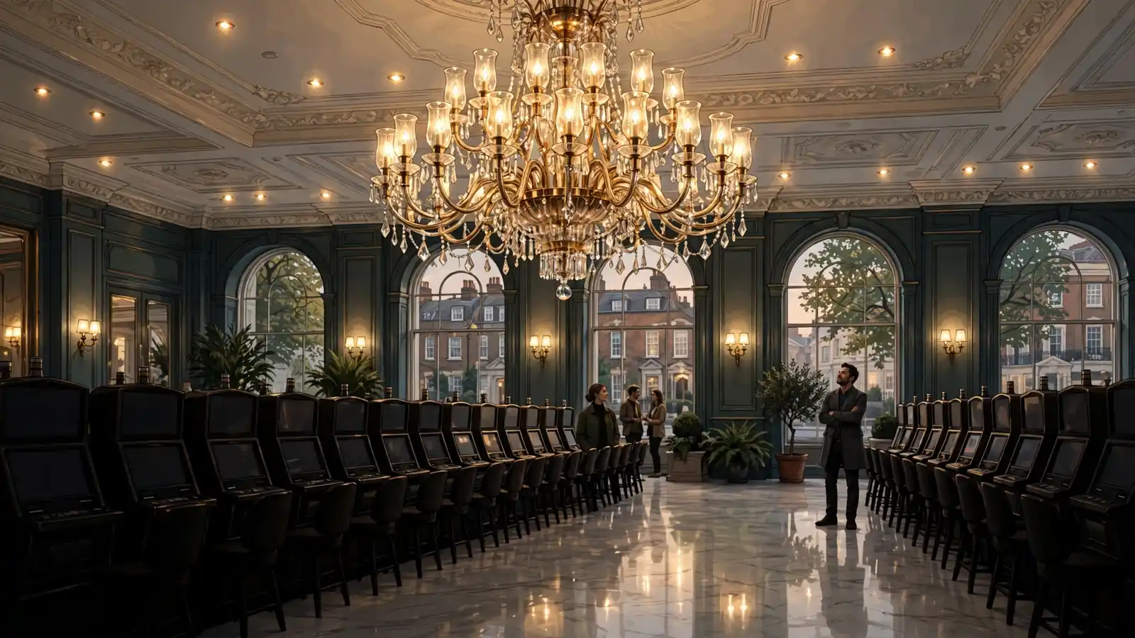 Polished casino floor with chandelier and slot silhouettes