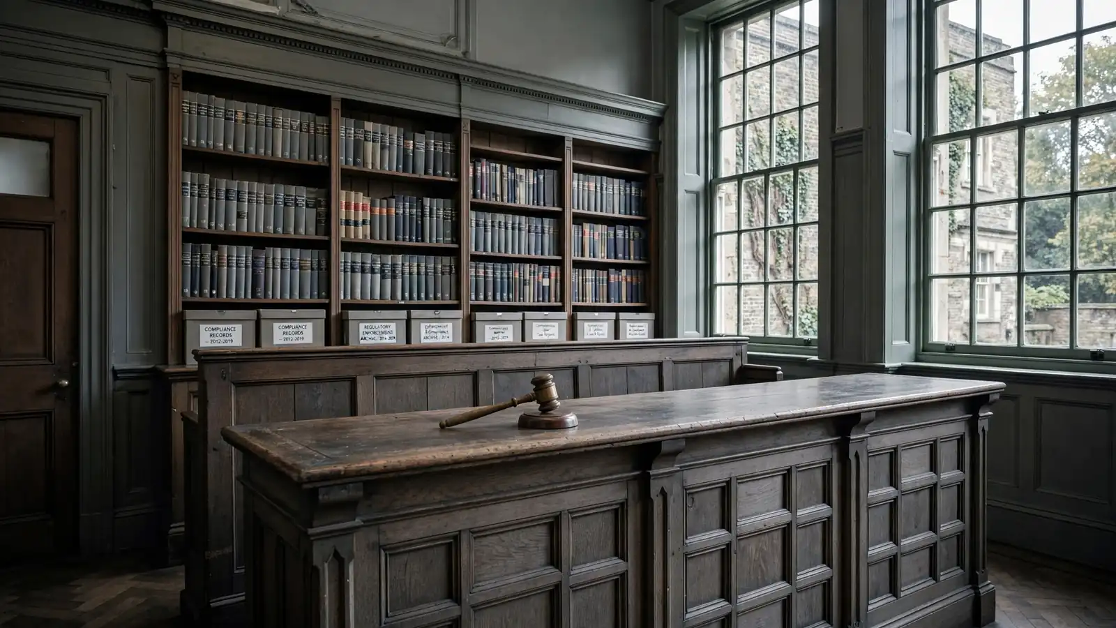 British courtroom with judge's gavel and legal books