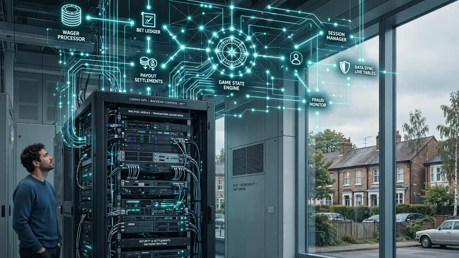 Server rack with glowing data flow lines in data centre