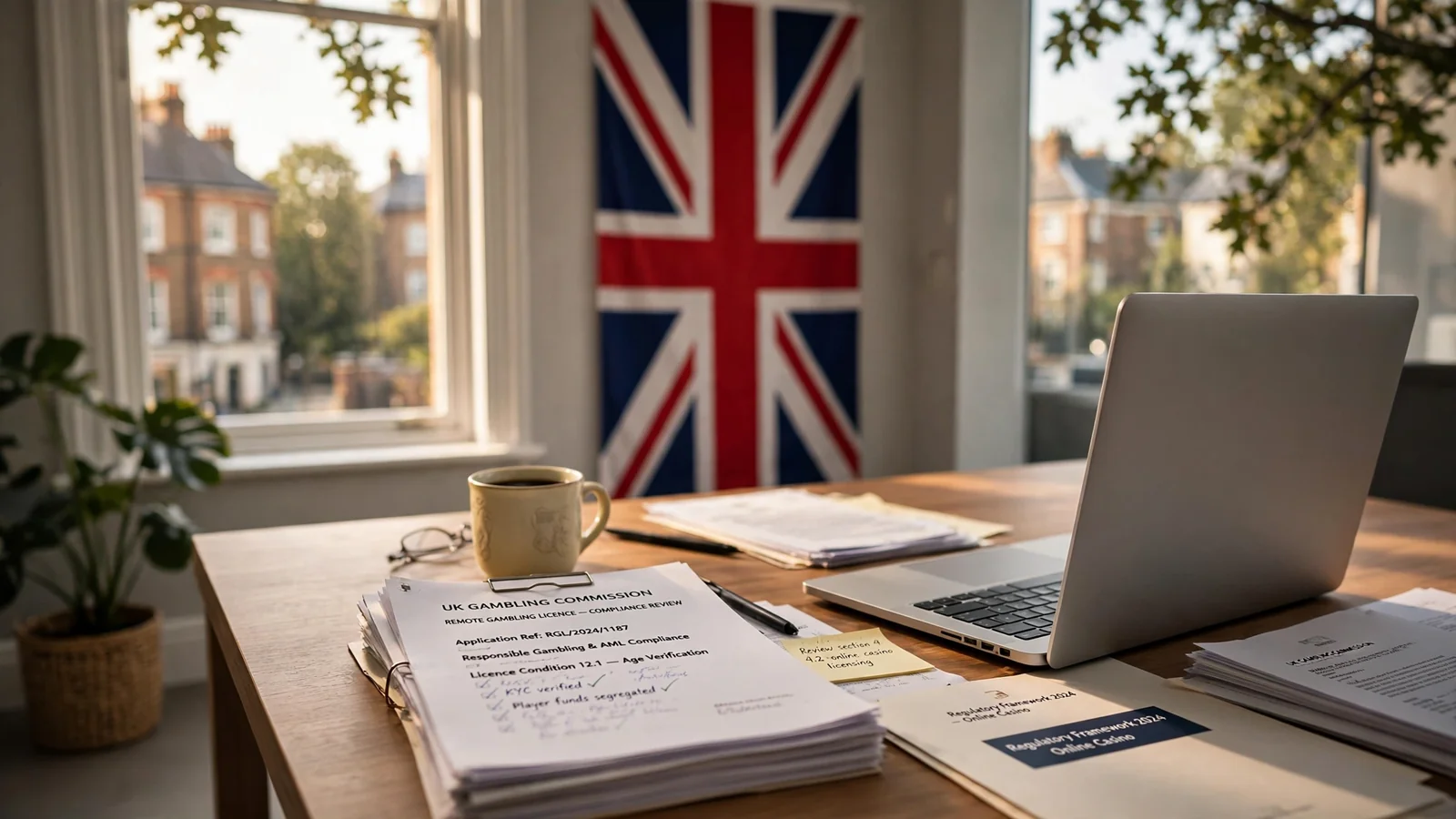 UK office desk with legal documents and British flag