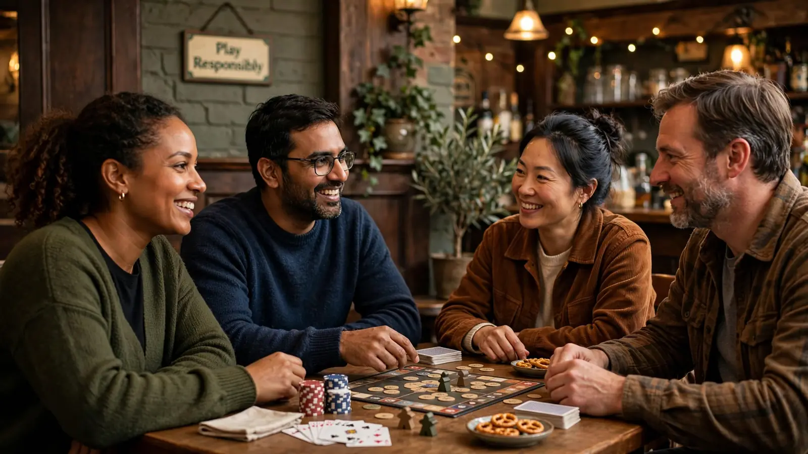 Adults playing board games responsibly in a cozy British pub