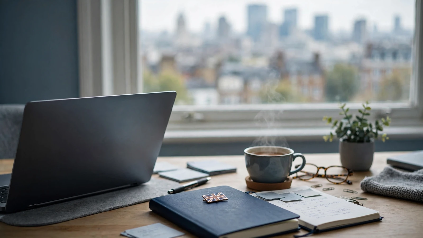 Office desk with laptop, tea, and Union Jack pin