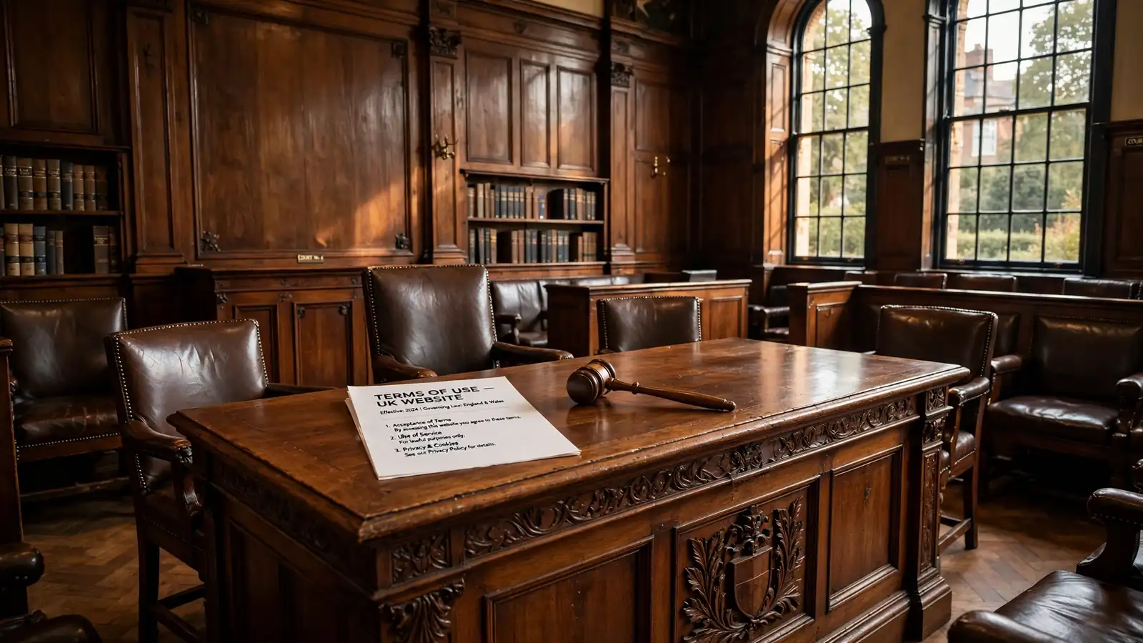 British courtroom with wooden bench and gavel